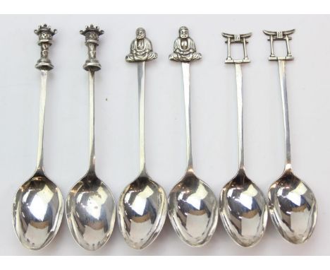[49.95g] - a set of six silver coffee or tea spoons the terminals depicting Buddhist motifs, believed to be Japanese, marked 