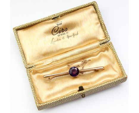 [3.48g] - an antique 9ct gold and amethyst bar brooch, the stone assessed as 3.73ct, marked 9ct and XRF confirmed, presented 