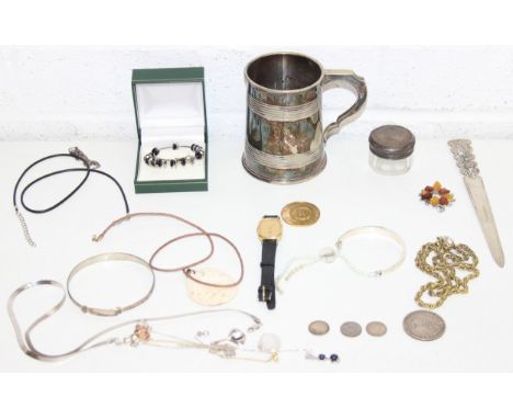 Qty of assorted interesting silver, jewellery and other curios, to inc a silver and filigree letter opener, 1892 silver half 