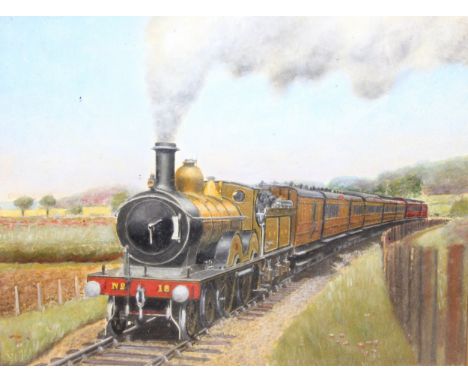 An antique naïve oil on board depicting a steam train, unsigned, the train depicted is a Midland &amp; Great Northern train a