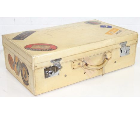 A vintage vellum coloured suitcase by William Parks of Eastbourne, watered silk lined interior, with a number of vintage ship