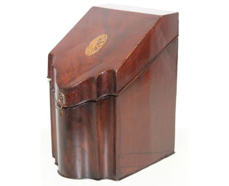 An antique mahogany serpentine-fronted knife box with inlaid details, early 19th century, lacking interior, 23cm x 24cm x 39c