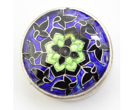 A small silver and enamel pill box decorated with a mandala, possibly Indian, unmarked but XRF confirmed as at least 95% pure