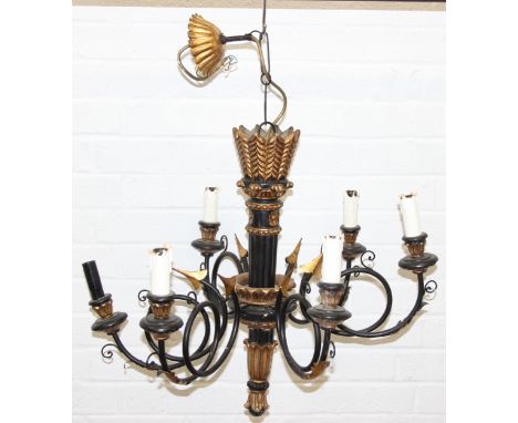 An Italian gilt and black painted wooden and wrought metal six branch chandelier or electrolier, 67cm in diameter x 96cm drop
