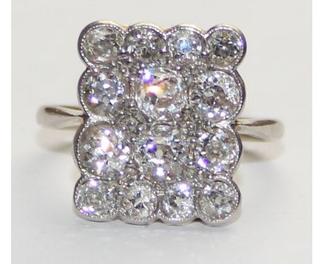 [4.77g, O] - an Art Deco period 18ct white gold and fourteen diamond cluster ring, 14 large diamonds in a squared setting, th