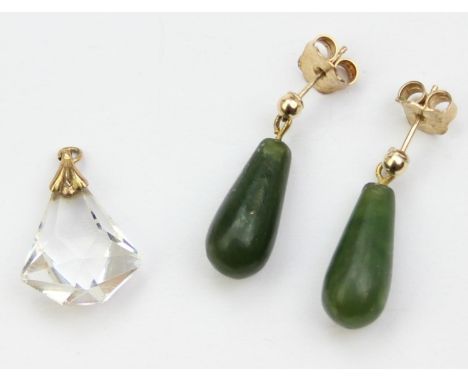 A pair of 9ct gold mounted and green stone pendant earrings, and a 9ct gold mounted cut crystal pendant, all unmarked but XRF