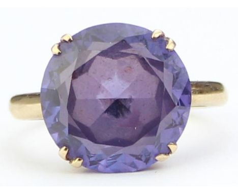 [4.13g, M] - a vintage 9ct gold and amethyst cocktail ring, large round purple stone assessed as 6.08ct, the shank marked for