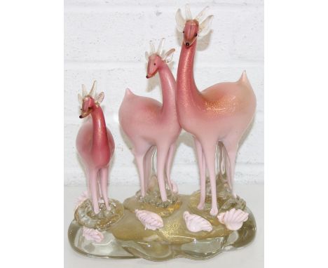 Murano/ Italian Glass, a large glass sculpture of a trio of pink deer on glass base, with gold leaf inclusions, approx 30cm t