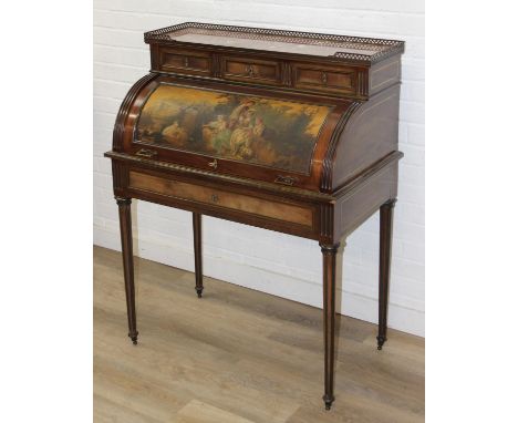 A 19th century Vernis Martin style desk, French mahogany desk, variegated rouge and grey marble top within raised and pierced