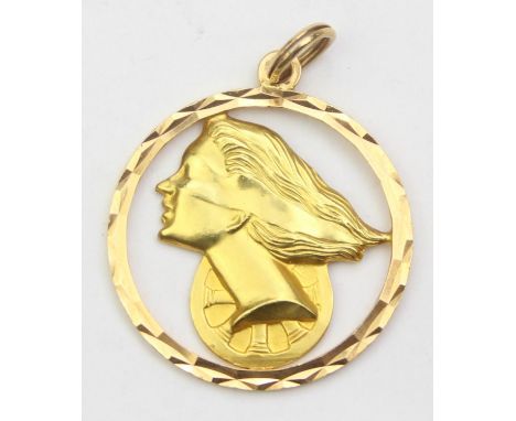 [7.02g] - an 18ct yellow gold pendant depicting Fortuna the Roman Goddess of Luck, Italian hallmarked 750 and XRF confirmed, 