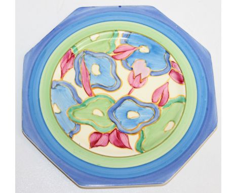 A Clarice Cliff ‘Blue Chintz’ pattern octagonal plate, circa early 1930’s, decorated with stylised water lily leaves and buds