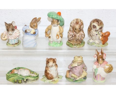 9 Beswick Beatrix Potter figurines to incl Old Mr Brown, Jeremy Fisher, Cottontail, Timmy Willie Sleeping, Timmy Willie, Mrs.