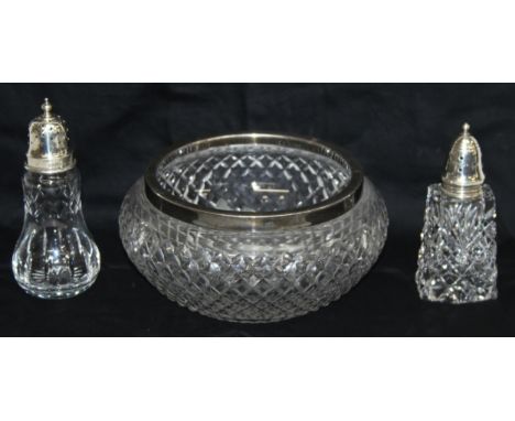 Three cut glass items with hallmarked silver tops/rim to incl 2 sugar sifters and a bowl, tallest approx 17cm H