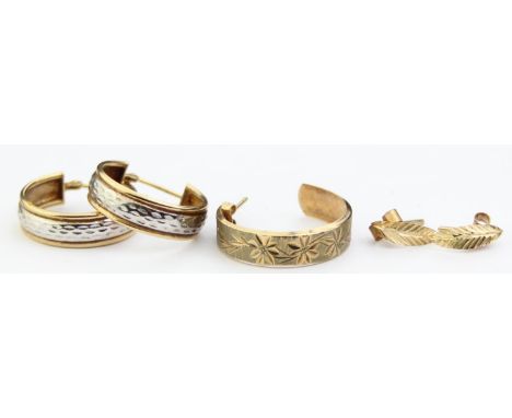 [2.24g] - a pair of 9ct gold yellow and white gold hoop earrings with textured design, seemingly unmarked but XRF confirmed, 