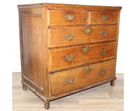 A Georgian oak two over three chest of drawers with brass fittings, likely 18th century, 95cm x 53cm x 91cm