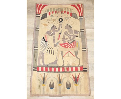 A vintage Egyptian Revival needlework or appliqué panel depicting Egyptian motifs, likely early to mid-20th century, hand mad
