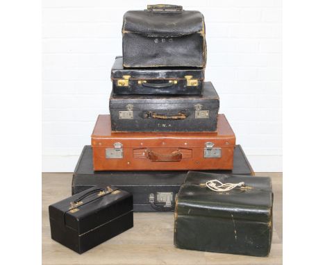 Seven assorted vintage leather and other suitcases and bags, two Gladstone type bags a travelling jewellery box etc, examples