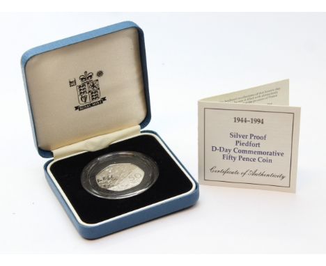 British Silver Coins - a 1994 D-Day Normandy Landings Fifty Pence Piedfort Silver Proof Coin, boxed with paperwork