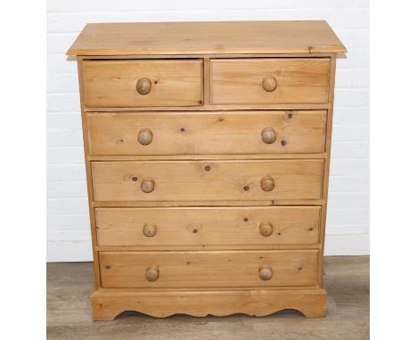 A modern pine two over four chest of drawers with bun handles, 90cm x 40cm x 103cm, one of two in the sale