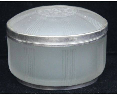 Henri Saumont Art Deco period frosted glass and silver mounted trinket pot, marked to base Saumont France and mounted with 95