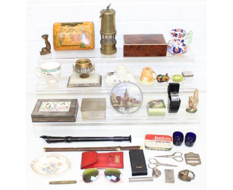Qty of small items to incl a piece of Carlton crested-ware for Sheffield, small boxes, miners lamp, recorder, etc