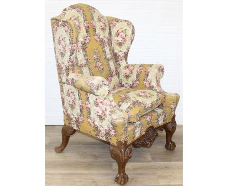 Vintage Georgian style wingback armchair with highly decorative floral patterned upholstery and ball &amp; claw feet, 87cm wi