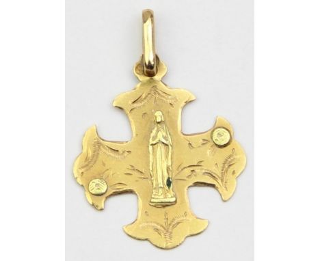 [0.99g] - an 18ct yellow gold pendant formed as a cross with the Virgin Mary, indistinctly marked but XRF confirmed, possibly