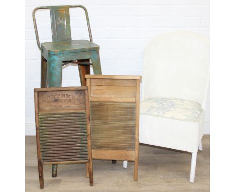 Four items of vintage furniture or woodenware to inc a green painted industrial style stool, a Lloyd Loom style low chair and