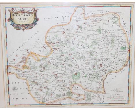 An antique hand-coloured map of Hertfordshire by Robert Morden, believed to be late 17th century, in glazed frame, 56cm x 52c
