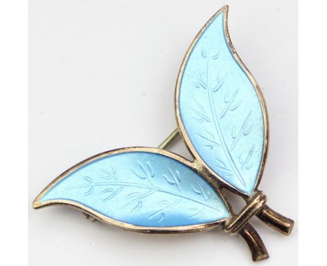 David Andersen of Norway - a silver and blue enamel double leaf brooch, marked to reverse, 38mm wide