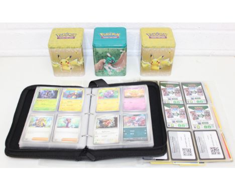 Qty of Pokémon trading collectors' cards in folders, and 3 Pokémon storage tins