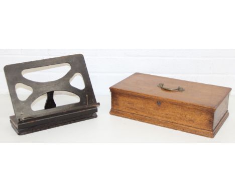 A vintage oak Bershaw Bookrest, and an antique oak box with brass handle, the box 41cm wide [2]