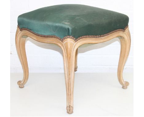 A vintage French style stool with limed wooden legs and green upholstered top, shaped cabriole legs, 44cm x 44cm x 47cm