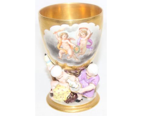 A 19th century Porcelain Figural Goblet, likely Berlin but seemingly unmarked, the ovoid bowl painted with gods and goddesses