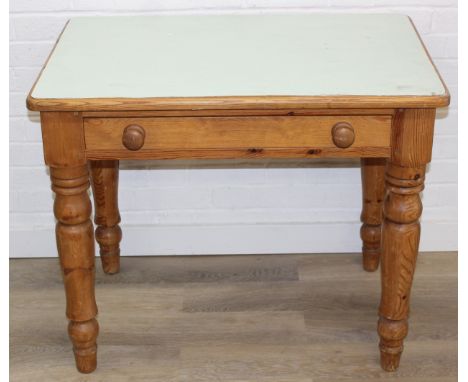 A vintage pine dining table of small proportions, single drawer with duck egg blue painted top, 90cm x 62cm x 75cm