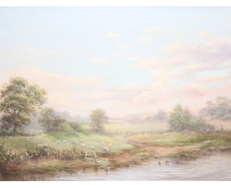A Wells Price (Contemporary) Oil or acrylic on canvas depicting sheep and ducks within a rural landscape signed lower leftpre
