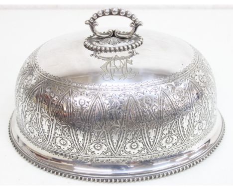 An antique silver plated or Sheffield plated meat dome or cloche with decorative design, 19th century, 31cm wide