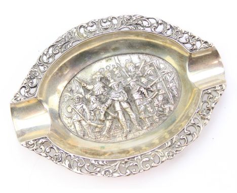 [49.94g] - a Dutch silver ashtray profusely embossed with a rowdy tavern scene, marked and XRF confirmed as 0.833 silver, 10c