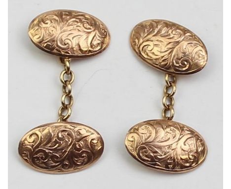[6.42g] - a pair of vintage 9ct gold cufflinks, marked for Chester 1919, with acanthus scroll engraving