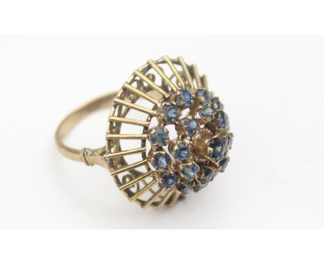 [5.54g, P] - a retro 9ct cocktail ring with basket setting and a cluster of light blue stones, indistinctly marked but XRF co
