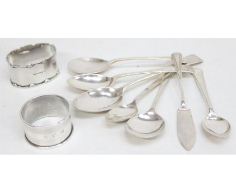 [164.07g] - seven assorted silver cutlery items to inc six silver spoons and a silver butter knife and two silver napkin ring