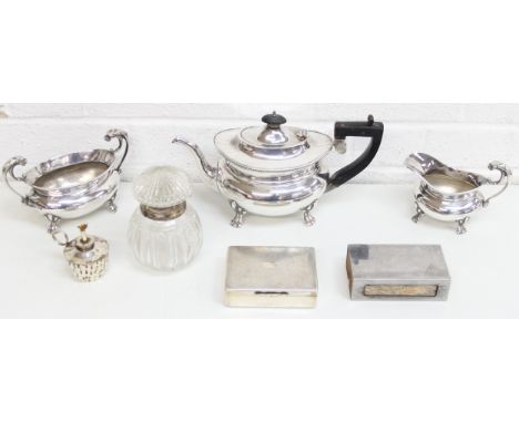 Mix of silver-plated items to incl a 3-piece tea set, cigarette box, spirit burner, large matchbox etc