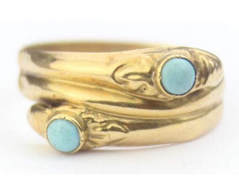 [1.42g, Q] - an antique 18ct gold and turquoise ring formed as a pair of entwined snakes, indistinctly marked to reverse of b
