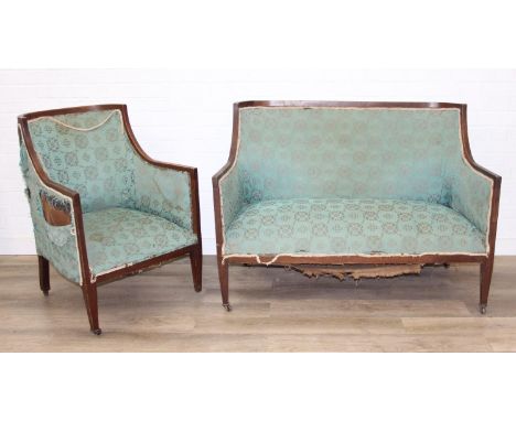 A Regency style turquoise green patterned sofa and armchair with exposed mahogany frame and brass castors, sofa approx 125cm 