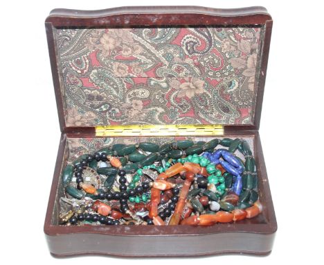 Qty of assorted costume jewellery in box to inc polished stone necklace and Scottish style broches and pins etc 
