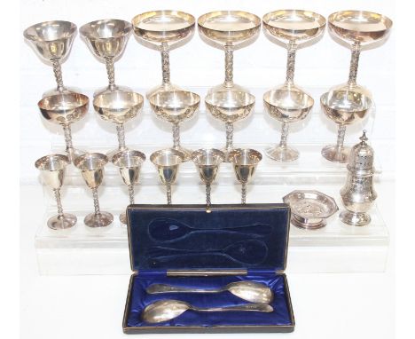 [3.8kg] - Qty of antique and later silver-plated and other metalware to incl goblets, sugar sifter, serving spoons, French bu