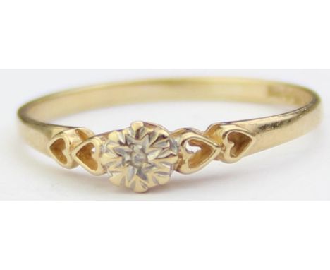 [0.94g, M] - an antique 9ct gold and diamond ring, the solitaire diamond in illusion setting with heart shaped shoulders, mar