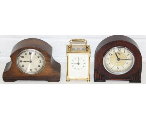 Vintage brass cased Dominion mechanical carriage clock and 2 wooden-cased mantel clocks, tallest 17cm [3]
