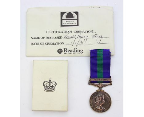 A Queen Elizabeth III General Service Medal (GSM) with Cyprus clasp, named to 23168406 Pte R.H. Patey Oxford &amp; Bucks Ligh