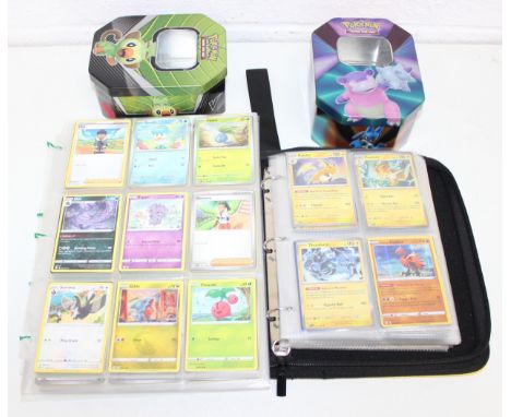Qty of Pokémon trading collectors' cards in folder, some in loose sleeves and 2 Pokémon tins